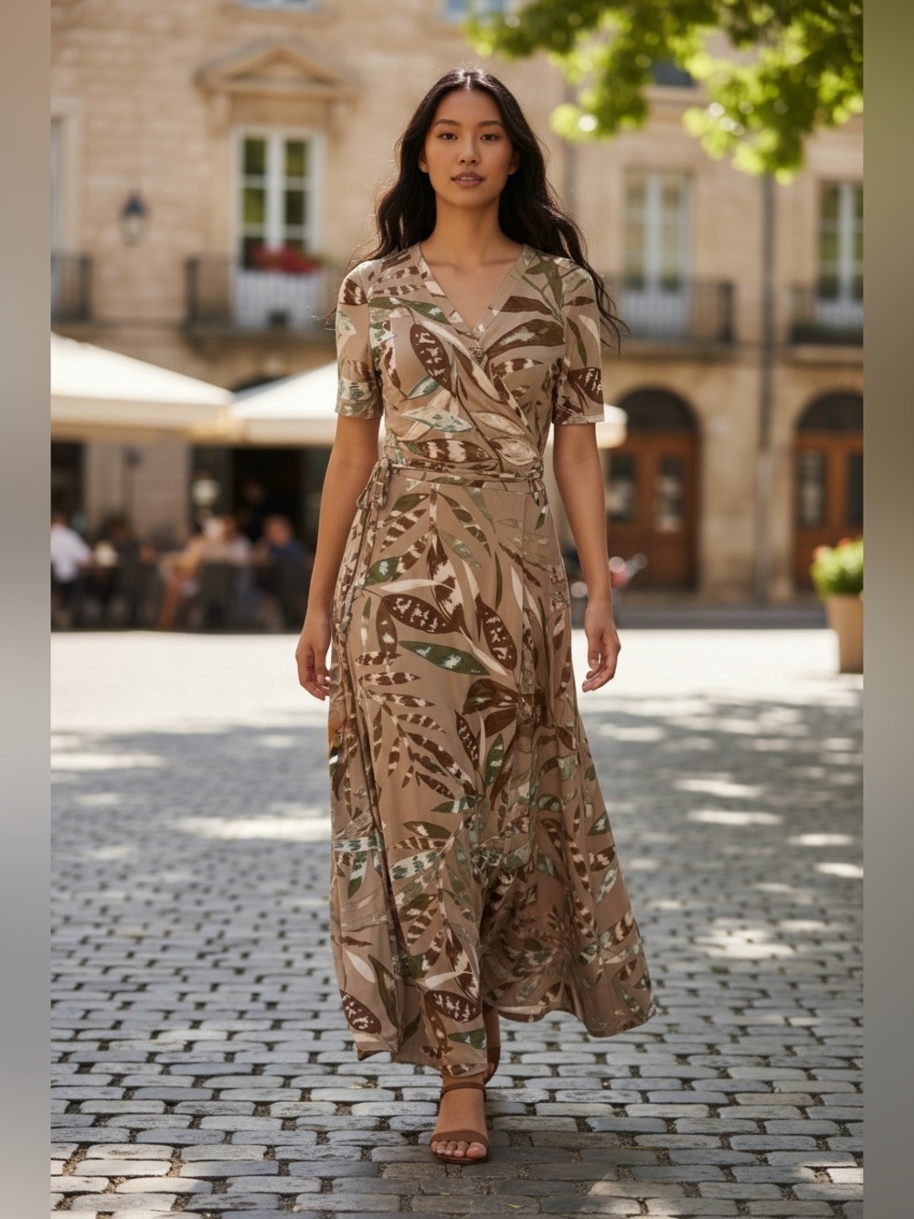 Kate and Lily Wrap-Style Floral Maxi Dress in Taupe and Green